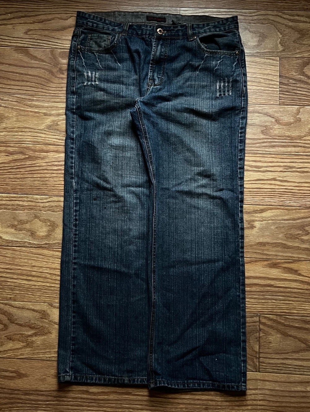 y2k streetwear True Republic dark wash baggy embroidered pocket jeans